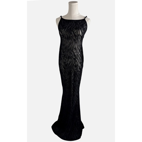 Showpo Dresses & Skirts - Showpo Black Zebra Burnout Mesh Maxi Dress Velvet Animal Print Scoop Back Size 8